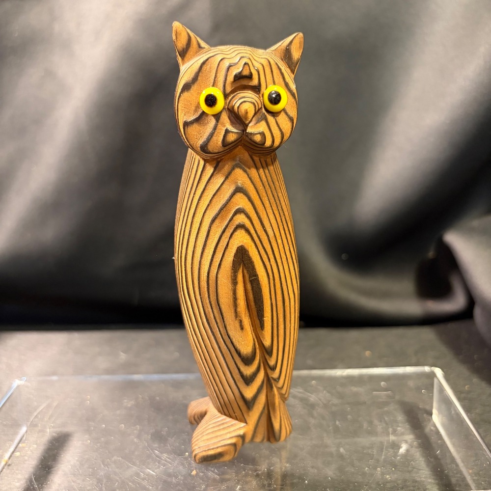 Hand Carved Wooden Owl Cat Figurine Stylized Grain Yellow Eyes MCM Style 6.75in
